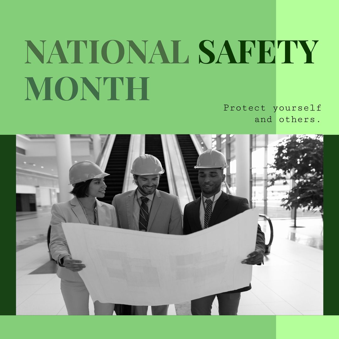 National Safety Month Featuring Diverse Engineers Analyzing Blueprint - Download Free Stock Templates Pikwizard.com