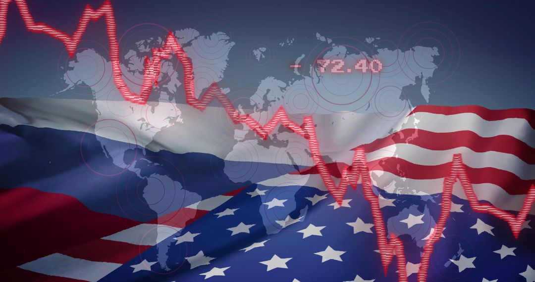 Global Economic Crisis with US and Russian Flags and Downward Stock Graph