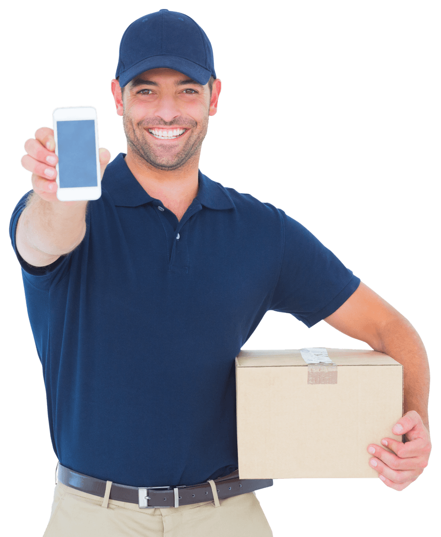 Smiling Delivery Man Displaying Smartphone with Transparent Background - Download Free Stock Images Pikwizard.com