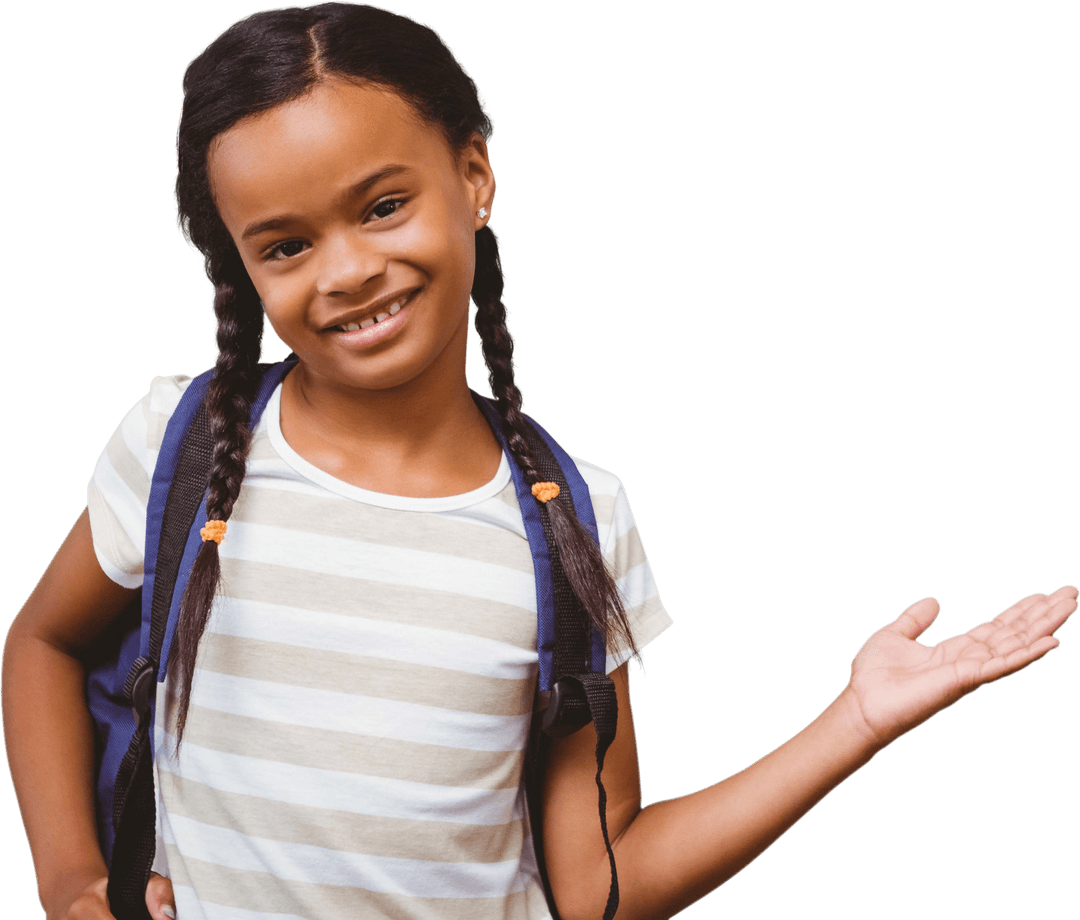 Confident Girl with Backpack Offering Transparent Welcome Gesture