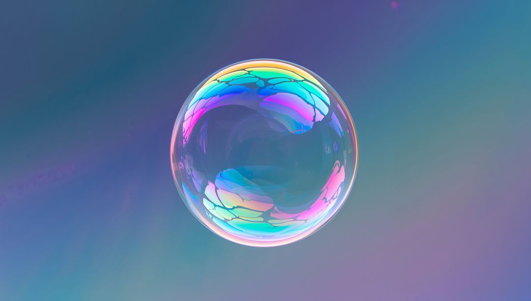 Iridescent Soap Bubble with Pastel Patterns Against Gradient