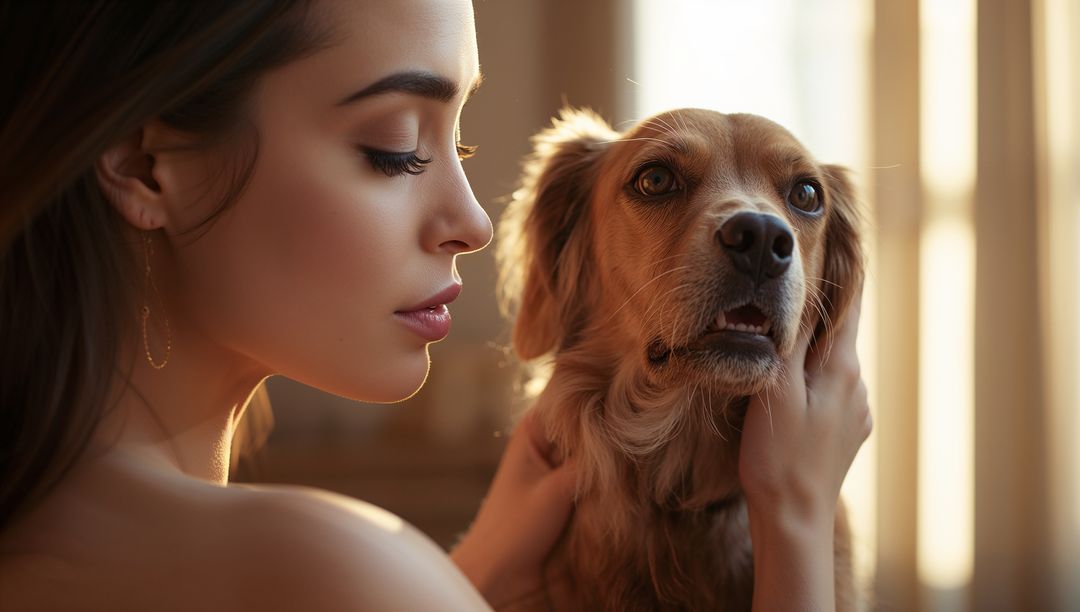 Sunlit Intimate Portrait of Woman Cradling Golden Retriever by Window at Home
