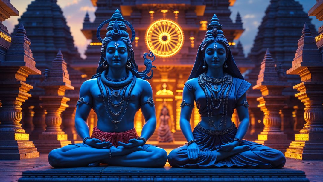 Blue Deity Statues in Stone Temple with Golden Circular Motif