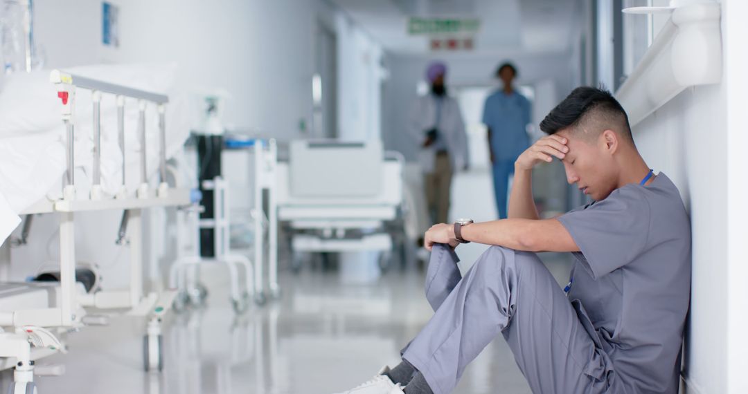 Tired Healthcare Worker Sitting in Hospital Hallway, Feeling Stressed - Free Images, Stock Photos and Pictures on Pikwizard.com