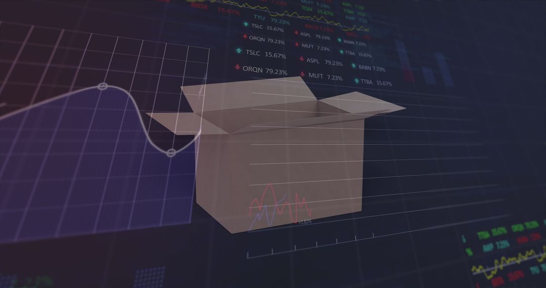 Cardboard Box Amidst Dynamic Financial Data Representing Global Trade