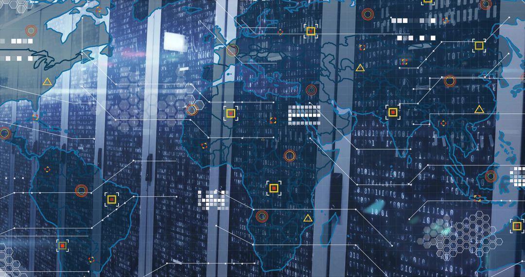 Data Center Aisle with Digital World Map Overlay Visual