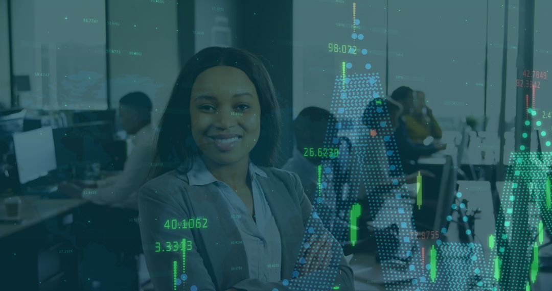 Smiling Businesswoman Overlapping Digital Financial Data & Office Scene
