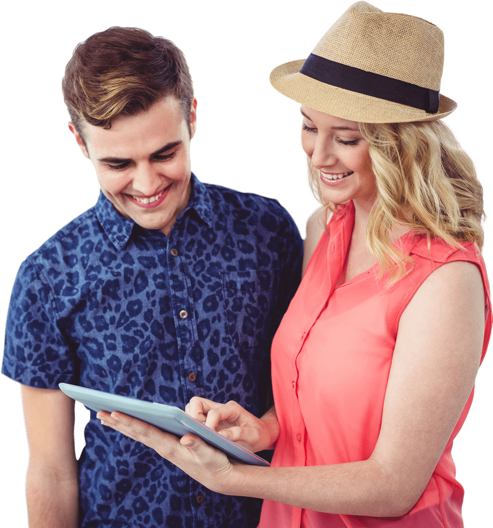 Caucasian Couple Collaborating on Tablet Transparent Background