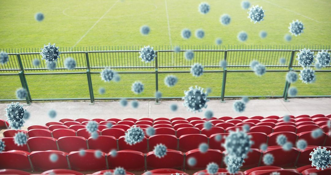 Floating Covid-19 Virus Cells Over Deserted Stadium Seats