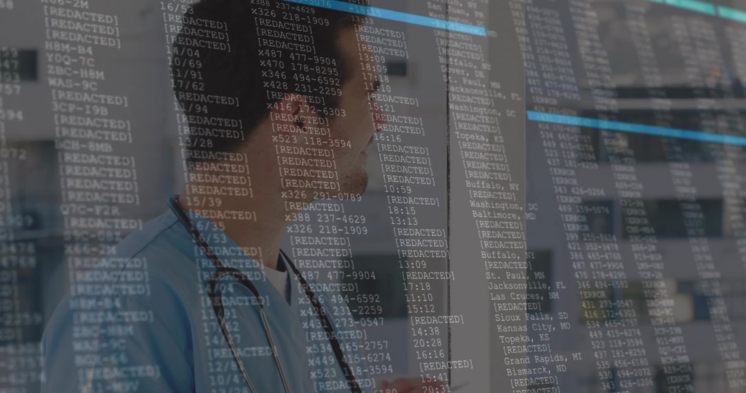 Doctor Viewing Transparent Lab Screen With Coded Data and Redactions