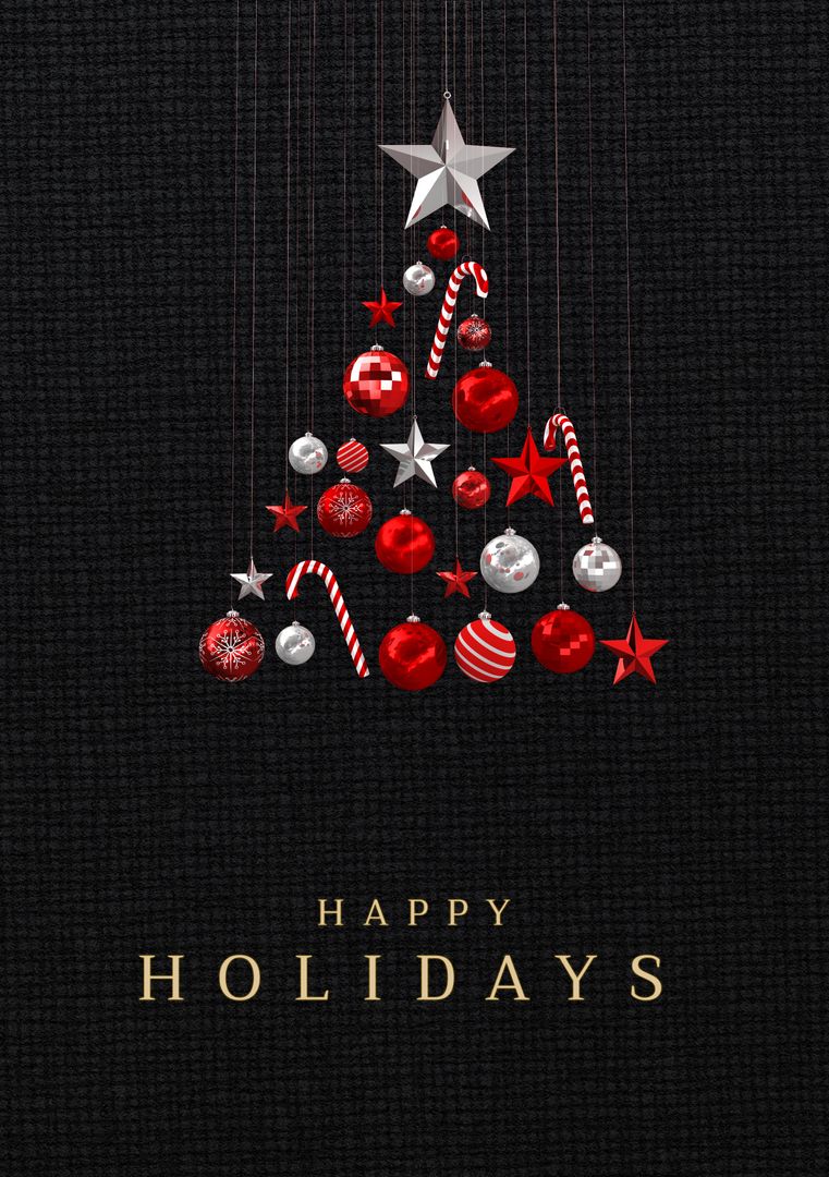 Modern Christmas Tree Design with Ornaments on Black Background