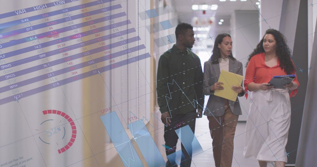 Diverse Colleagues Discussing Business with Digital Data Overlay