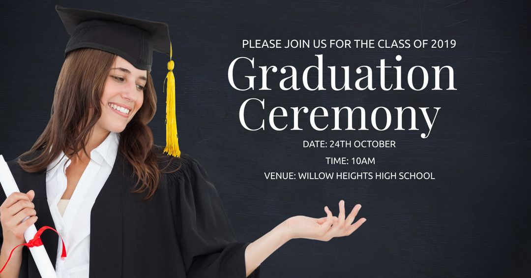 Graduation Ceremony Invite with Female Graduate Holding Diploma - Download Free Stock Templates Pikwizard.com