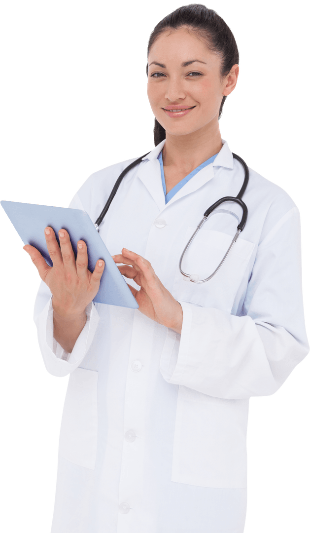 Smiling Female Doctor Using Transparent Tablet for Medical Innovations