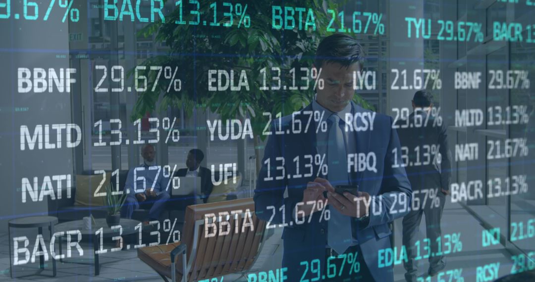 Financial Data Overlay on Professionals in Modern Office Setting