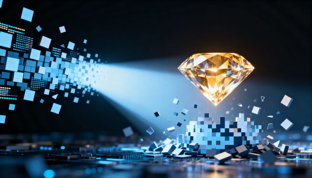 Golden diamond hovering above futuristic pixel circuit with blue data stream