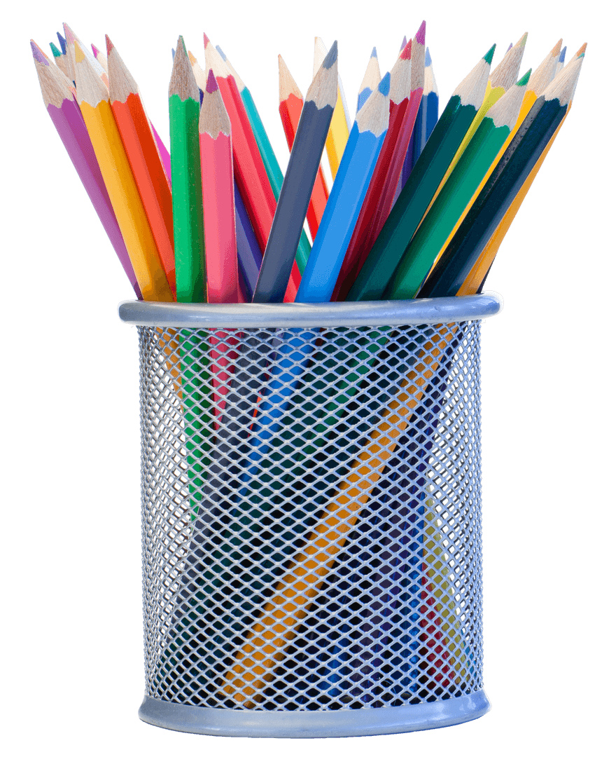 Colorful Pencils in Wire Mesh Holder on Transparent Background