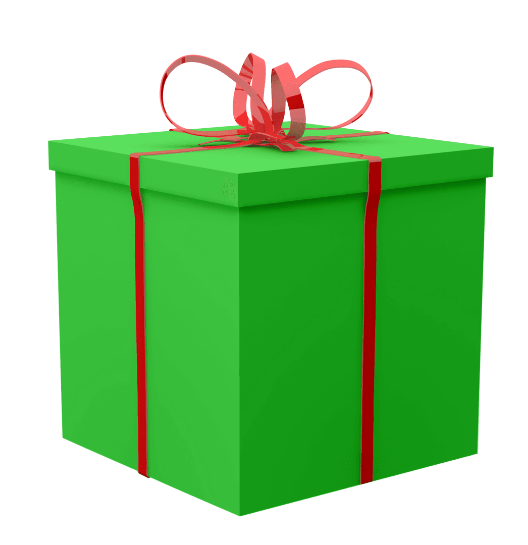 Vibrant Green Gift Box with Red Ribbon on Transparent Background