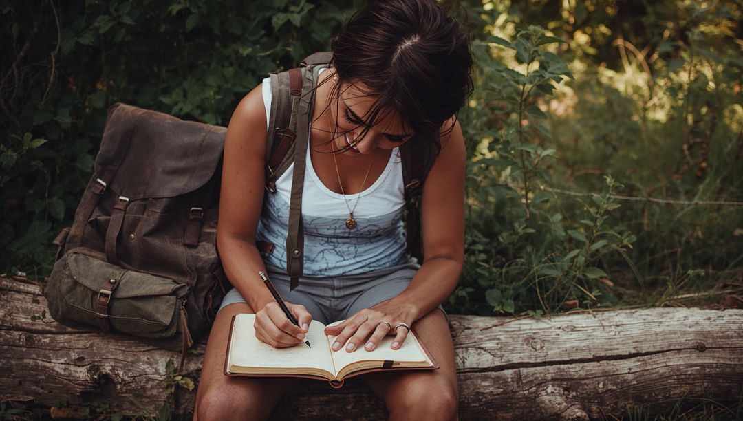 Solo hiker journaling on sunlit forest log during golden hour with backpack