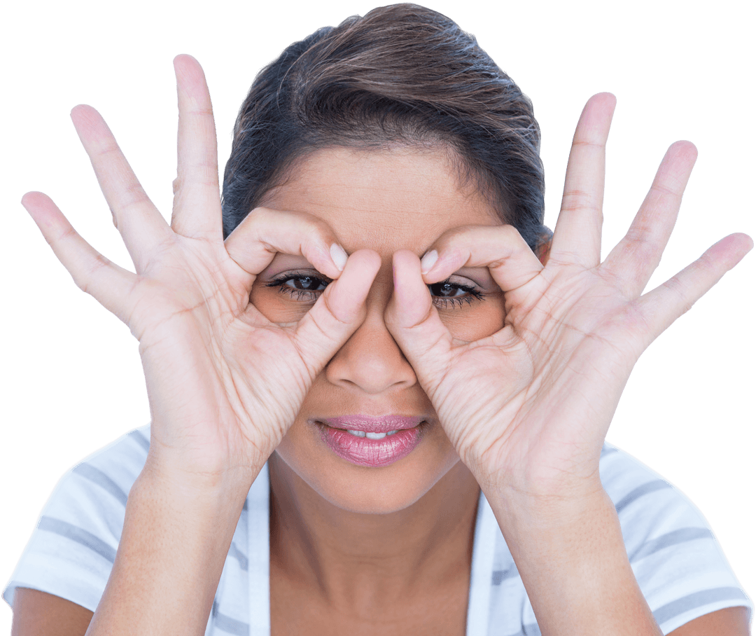 Smiling Woman Looking Through Playful Fingers Gesture Transparent