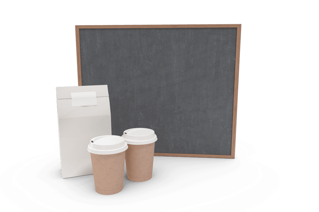 Transparent Chalkboard with Coffee Cups and Bag Design Mockup
