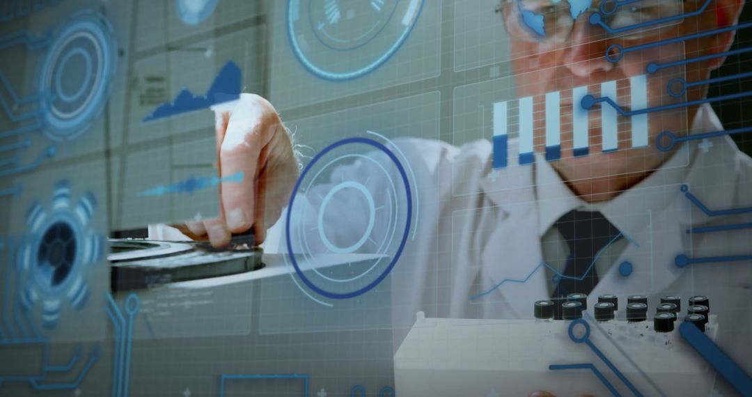 Scientist Analyzing Data with Futuristic Interface Overlay
