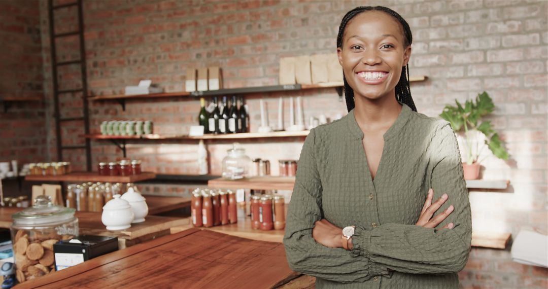 Smiling Woman at Organic Store Counter with Brick Wall Background - Free Images, Stock Photos and Pictures on Pikwizard.com