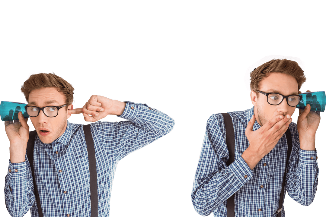 Curious Man Eavesdropping with Glass on Transparent Background