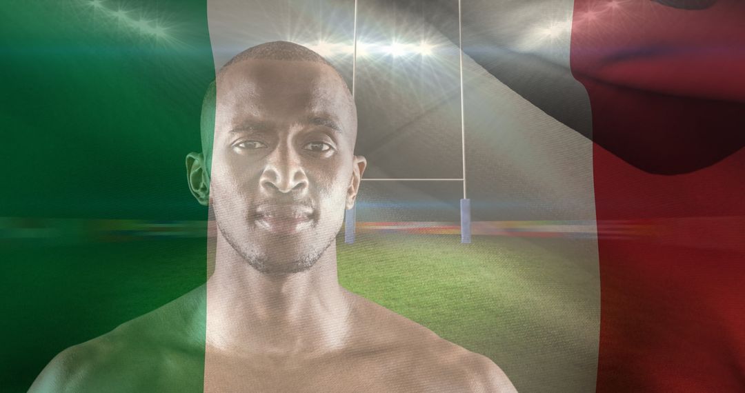 Rugby Player with Italian Flag Overlay in Stadium Atmosphere