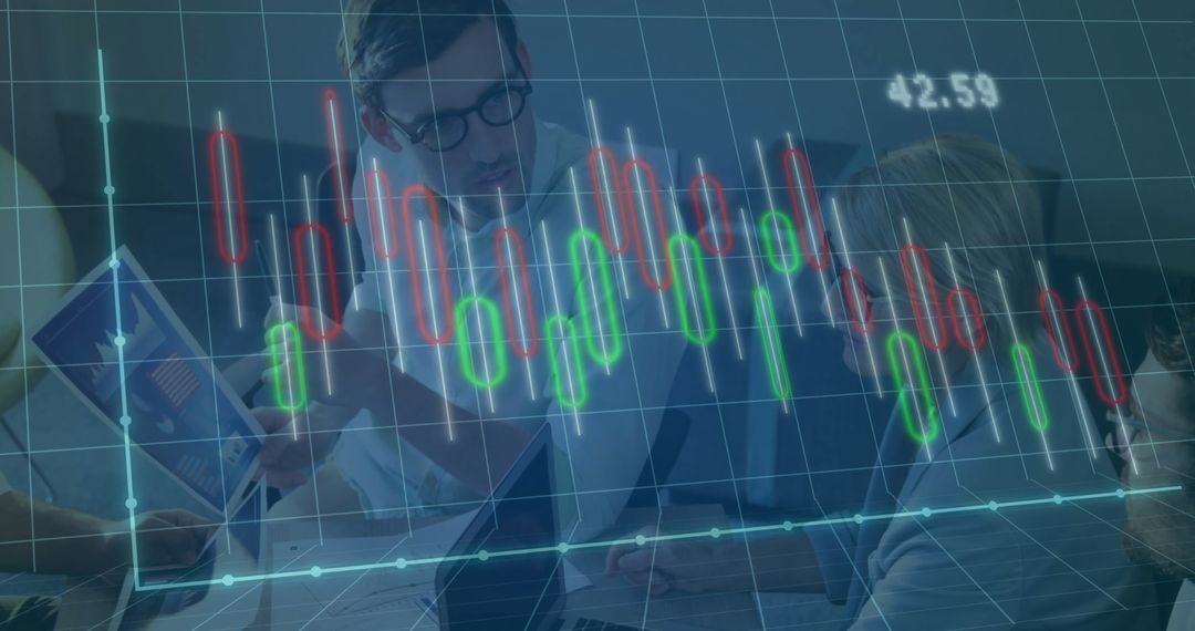Business Team Analyzing Financial Charts with Digital Overlay