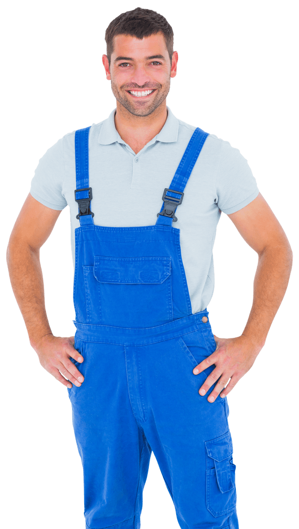 Smiling Repairman in Blue Overalls, Hands on Hips with Transparent Background