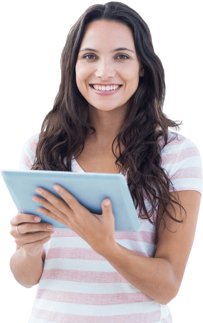 Smiling Woman Using Tablet for Transparent Communication Concept