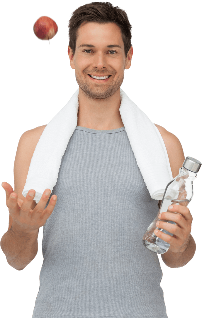 Transparent Fit Young Man with Apple and Water Bottle Smiling Portrait