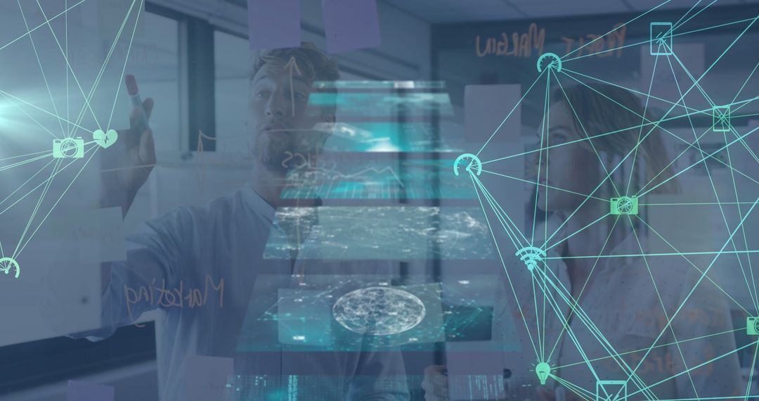 Team Strategizing with Digital Network Displays in Modern Office