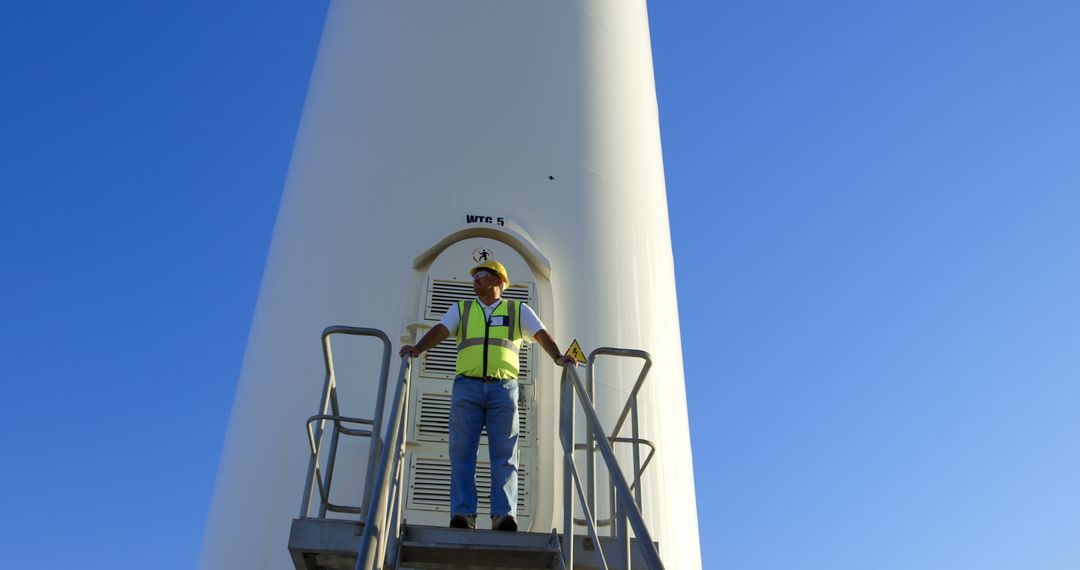 Engineer Inspecting Wind Turbine for Renewable Energy Maintenance