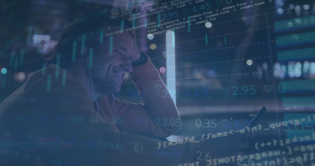 Happy Businessman Analyzing Data on Smartphone with Digital Overlay