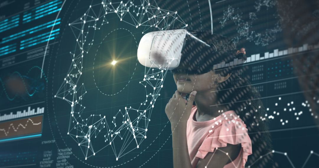 Girl Exploring Virtual Reality Amid Cybersecurity Graphics