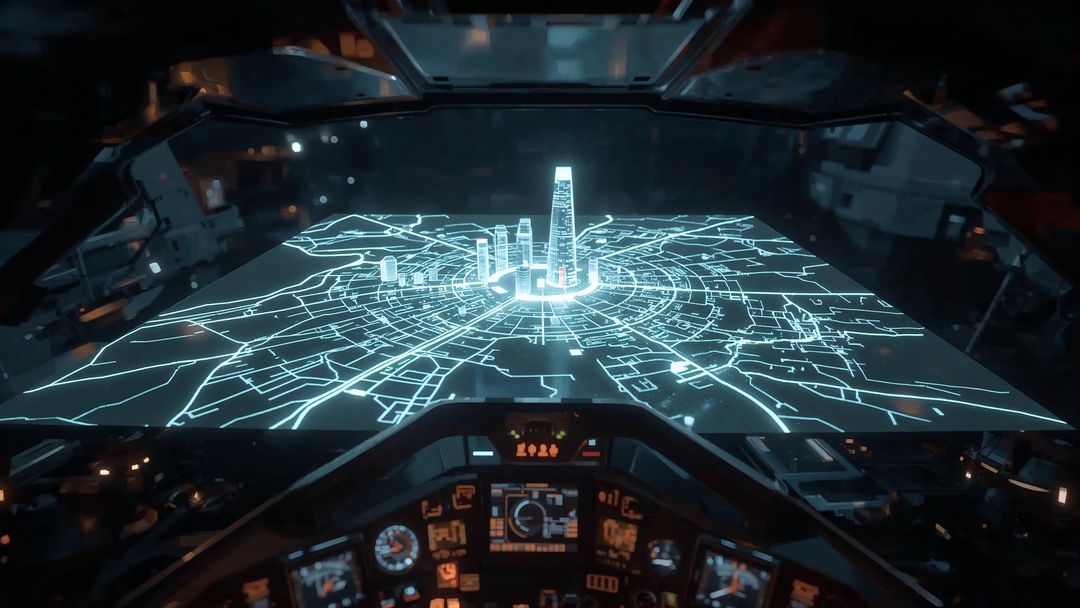 Futuristic Spaceship Cockpit With Holographic City Map Display