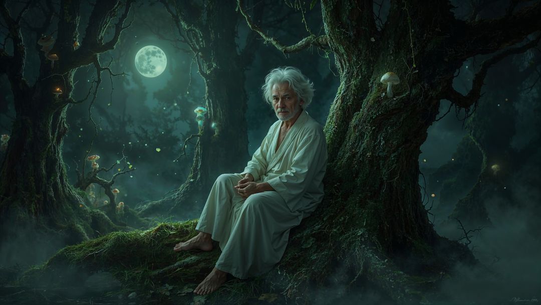 Elderly Man in Misty Forest Surrounded by Mystical Elements