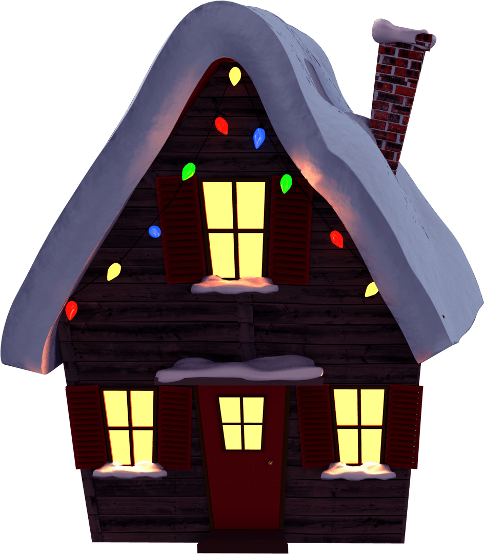 Charming Snow-Covered Cottage with Christmas Lights on Transparent Background