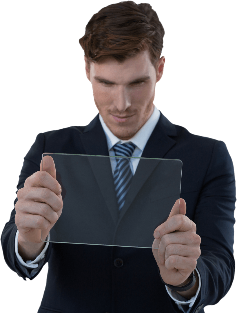 Businessman Using Transparent Digital Device with Focused Expression