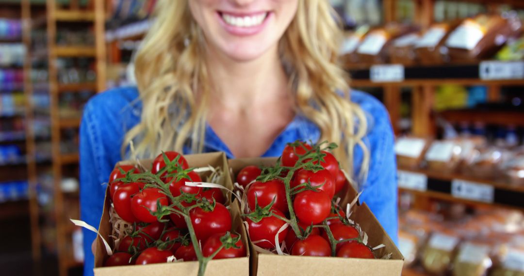 Woman Holding Fresh Tomatoes in Grocery Store, Smiling - Free Images, Stock Photos and Pictures on Pikwizard.com