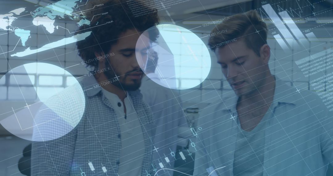 Diverse Businessmen Analyzing Global Financial Data Overlay