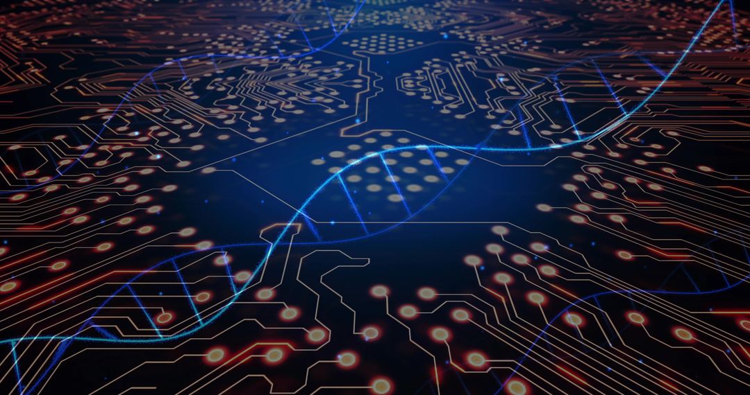 Glowing Blue DNA Helix Weaving Across Futuristic Circuitry Plane with Neon Orange Nodes