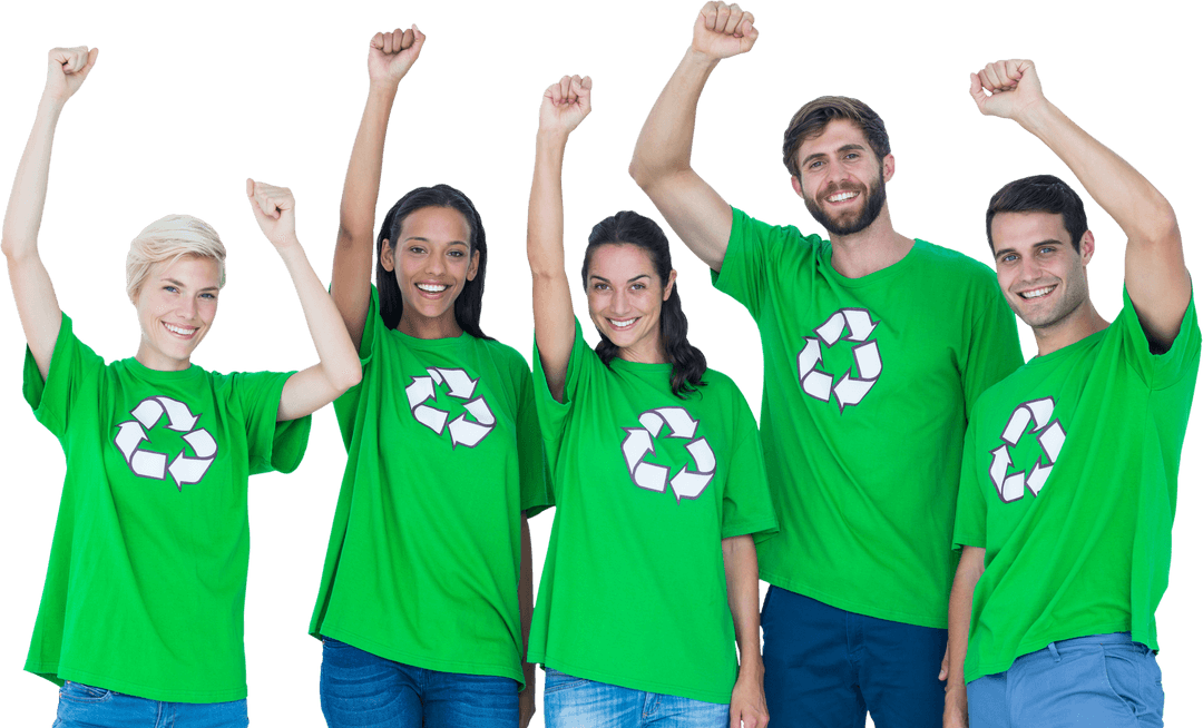Happy Diverse People Celebrating in Green Eco T-Shirts Transparent Background