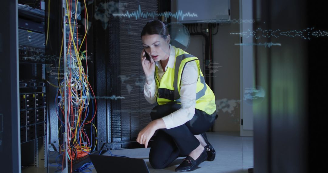 Female Engineer Analyzing Data in a Server Room