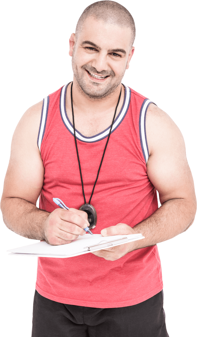 Transparent Smiling Athletic Coach Writing on Clipboard