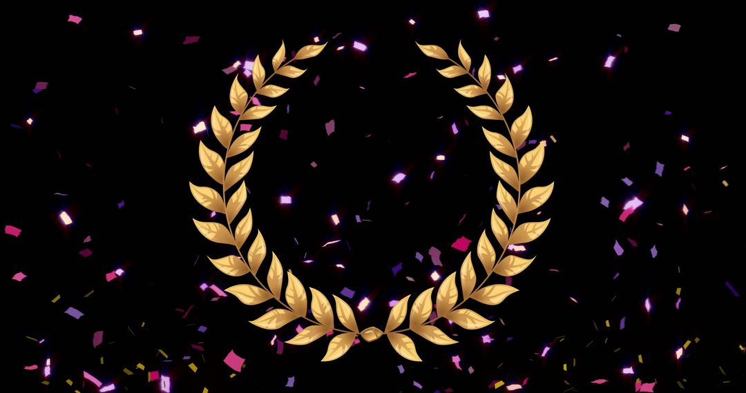 Gold Laurel Wreath with Falling Confetti on Black Background