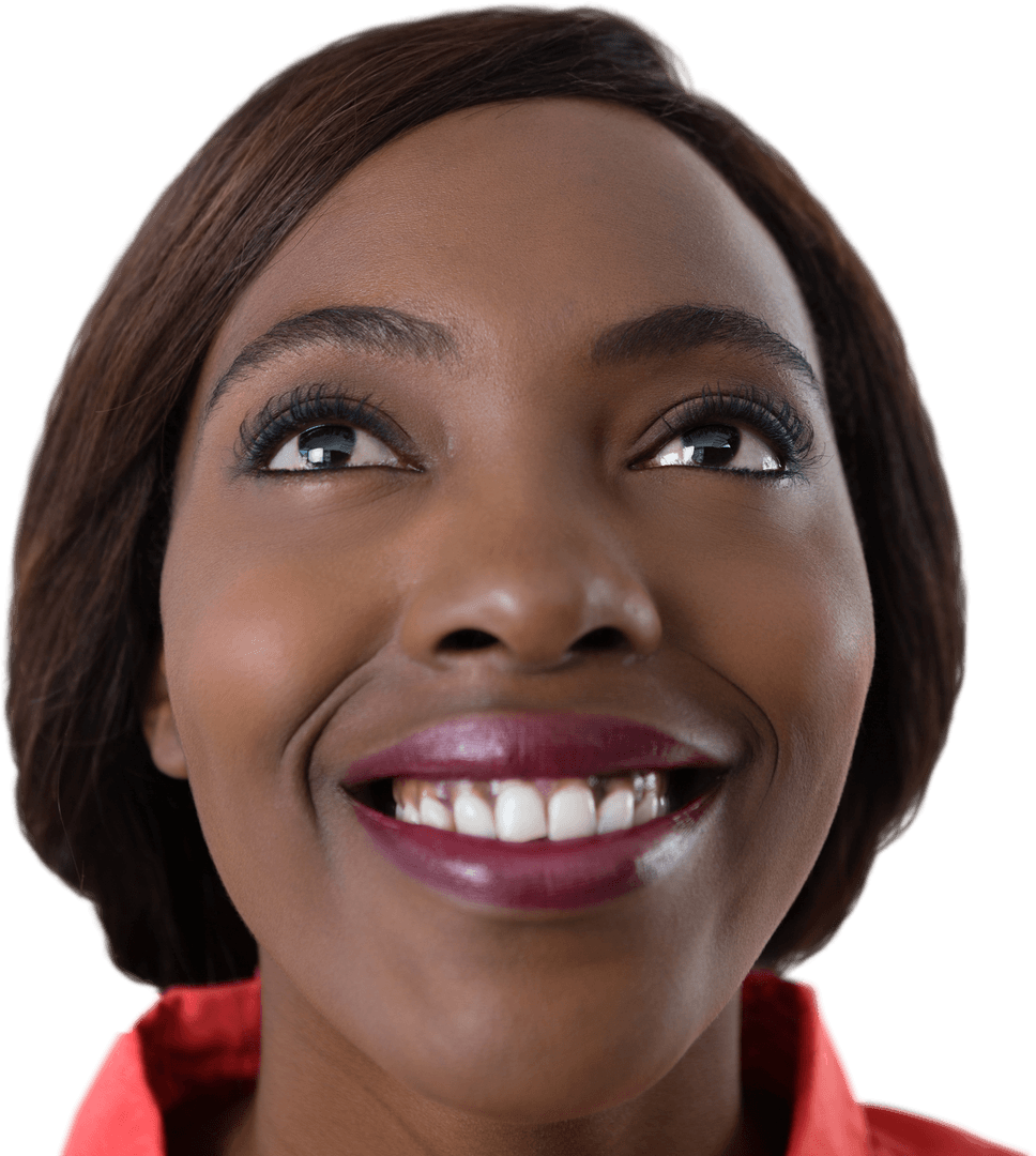Cheerful Woman Smiling and Looking Up on Transparent Background