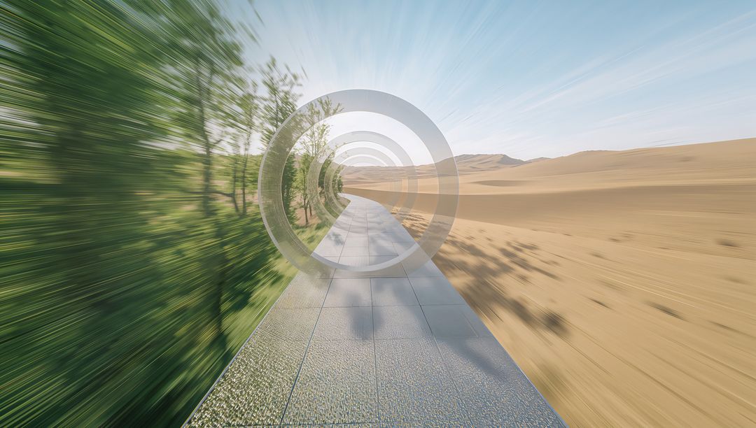 Desert to Green Oasis Concentric Tunnel Guiding Pathway with Motion Blur Rings Futuristic